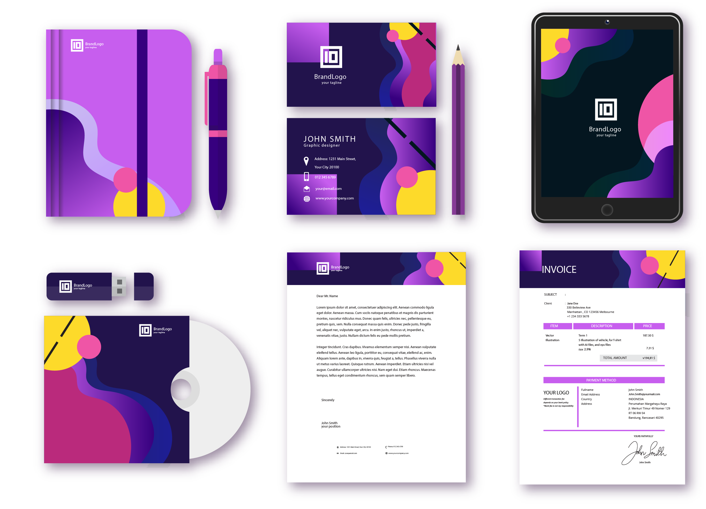 Brand identity materials including stationery, business cards, and packaging.