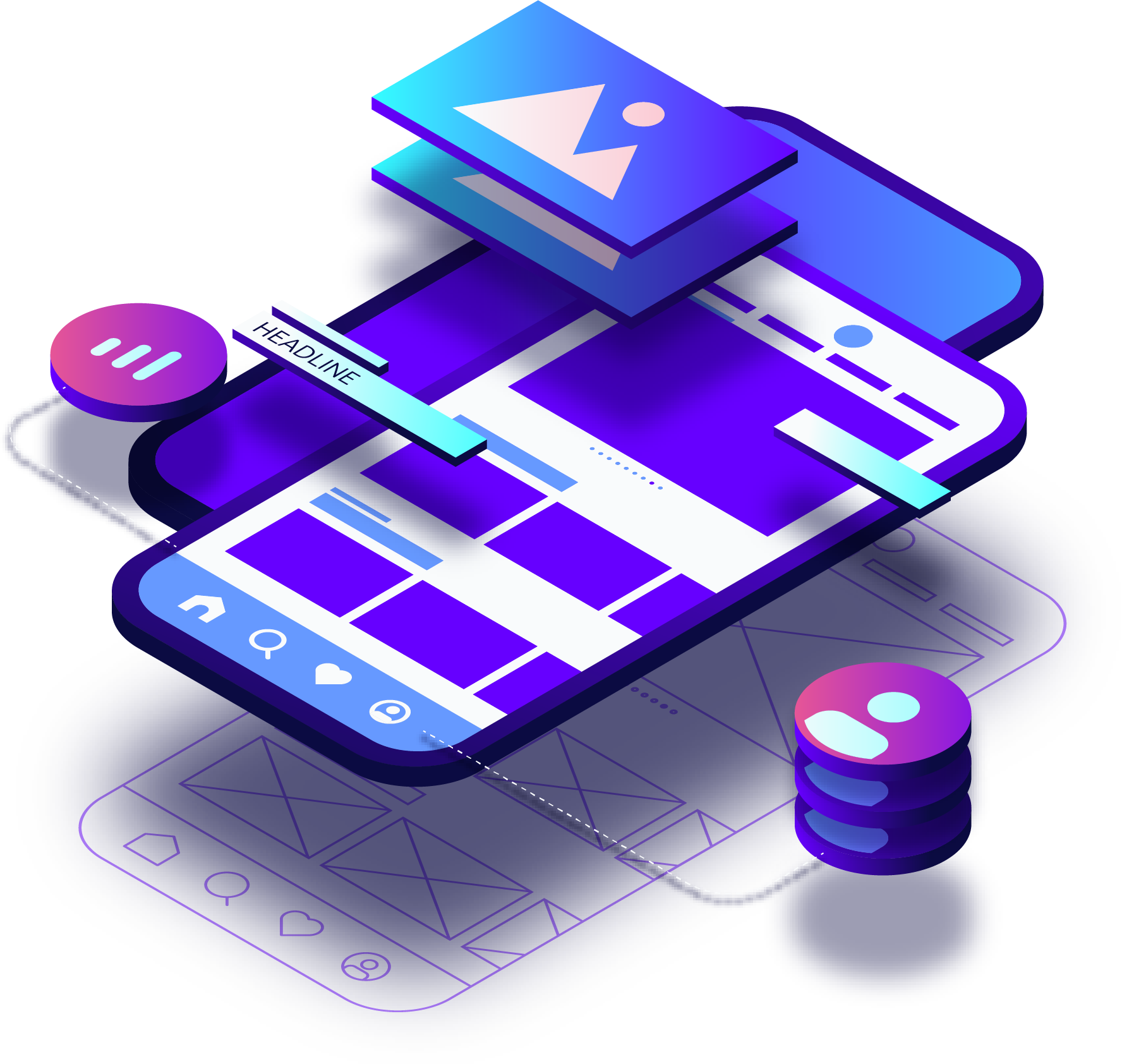 Layered mobile interface design illustration.