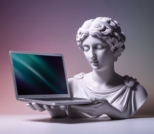 Classical statue holding a laptop.