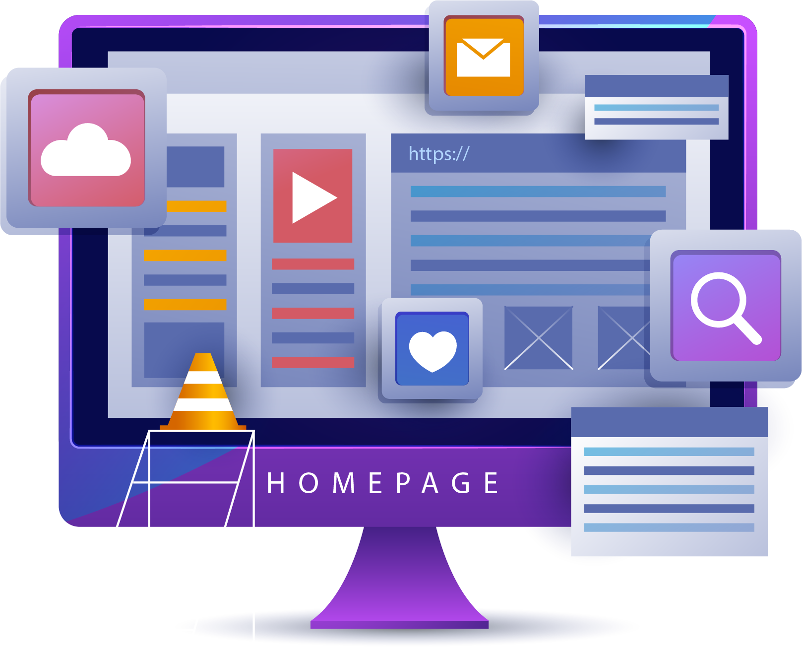 Illustration of a website homepage on a desktop monitor.