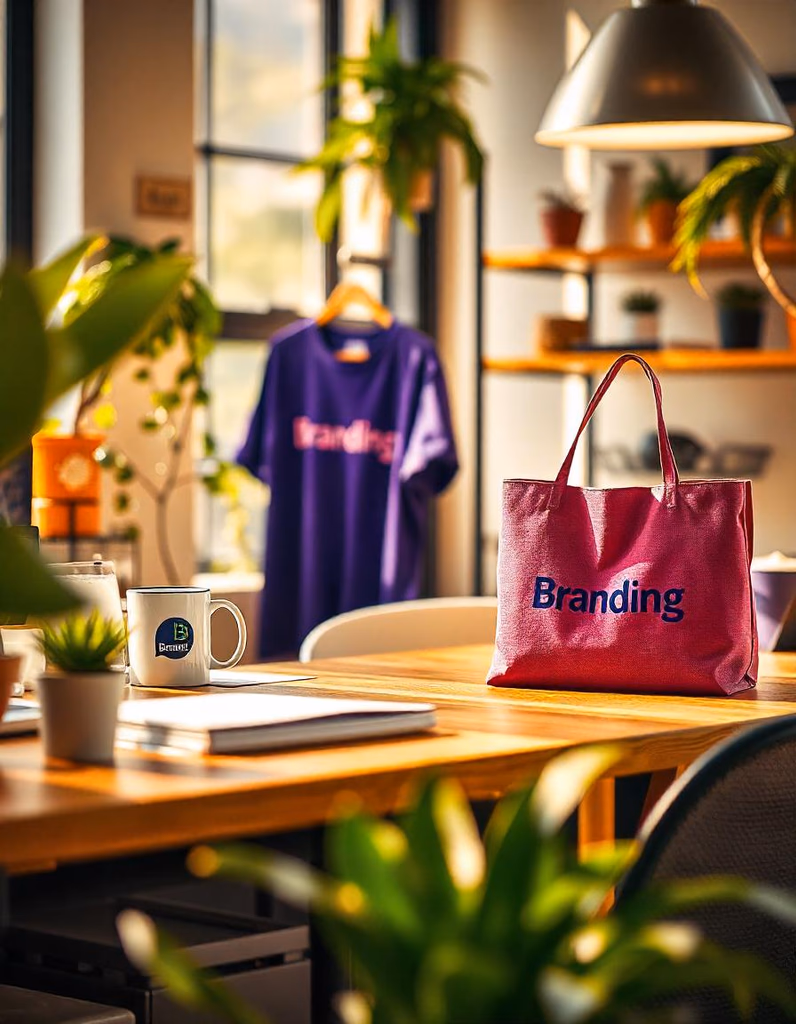 Brand identity materials arranged in a workspace.