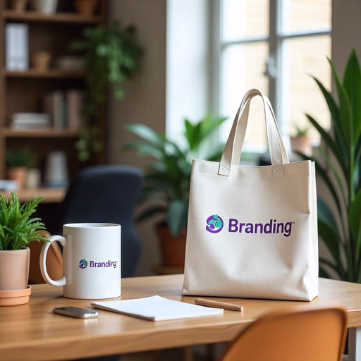 Brand materials arranged on a workspace.