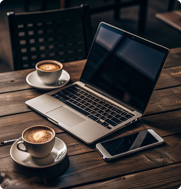 Laptop and coffee on a desk for a consultation.